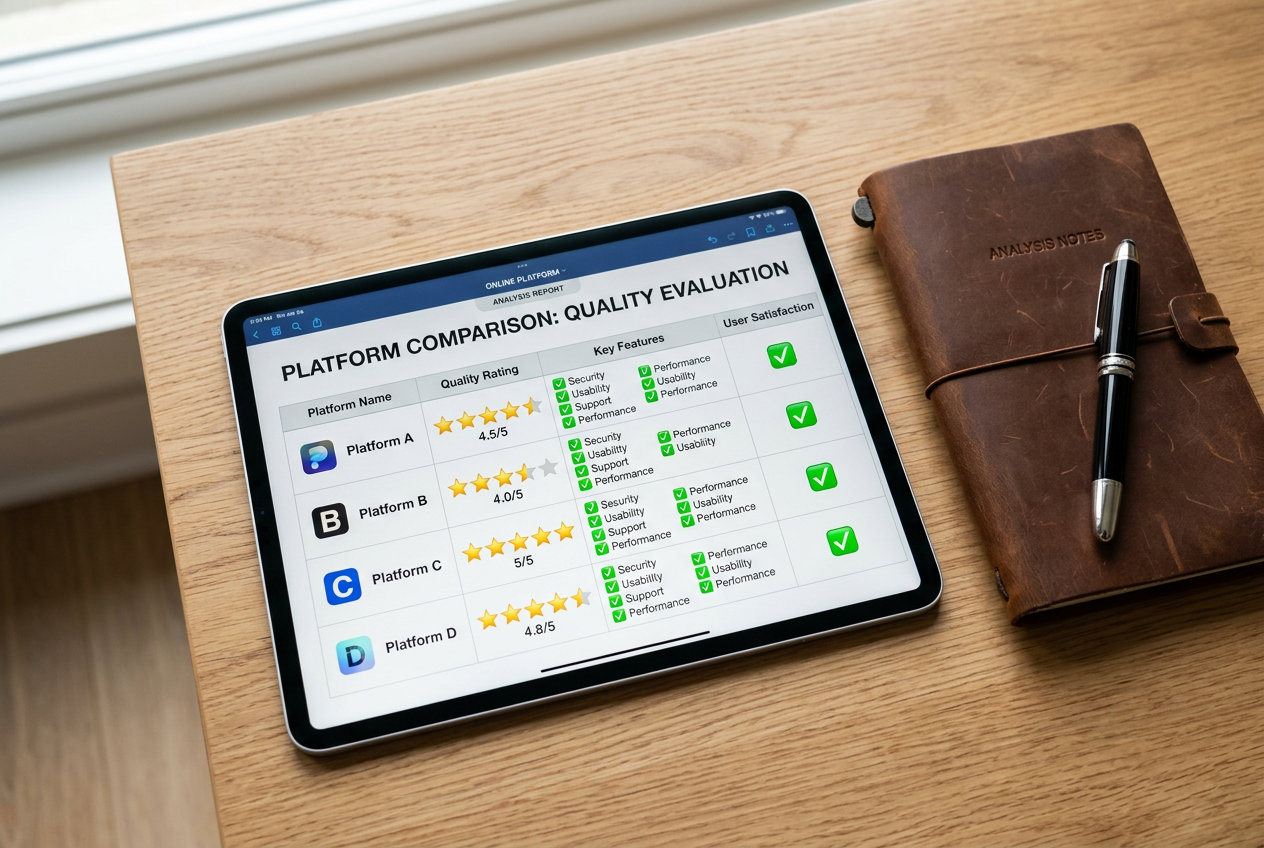 A digital tablet showing a comparison of different service ratings and features.