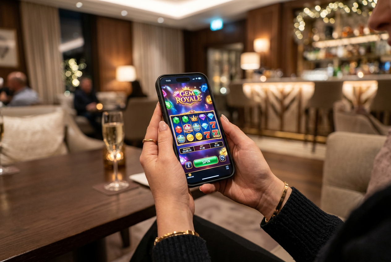 A person using a high-end smartphone to play online casino games in a modern lounge.
