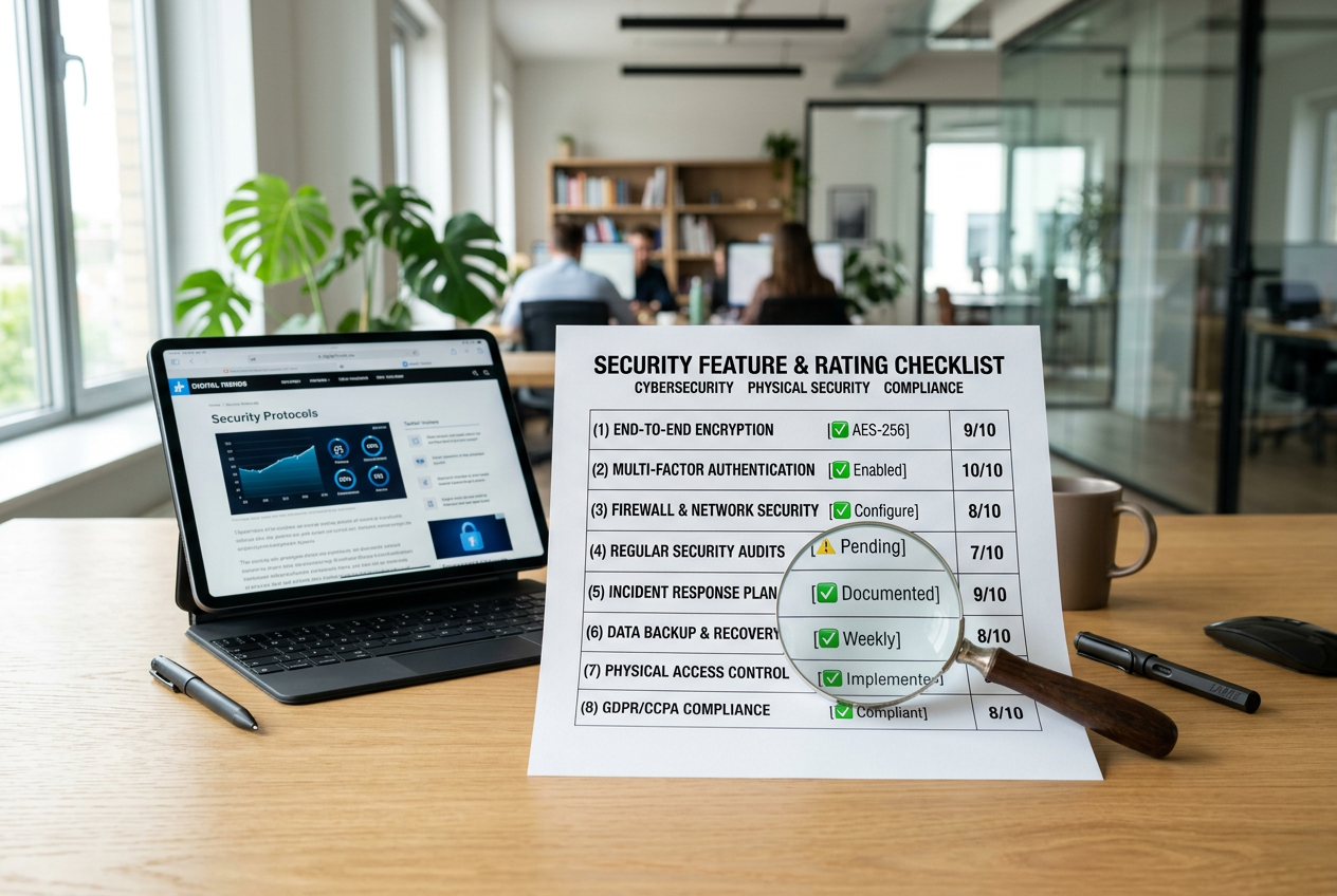 A magnifying glass over a checklist and a tablet showing data.