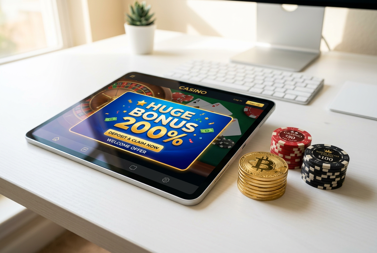 Digital tablet showing a casino bonus next to cryptocurrency coins.