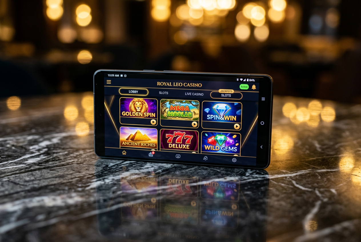 Smartphone displaying a digital casino app on a marble desk.